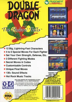 Double Dragon V - The Shadow Falls (USA) box cover back